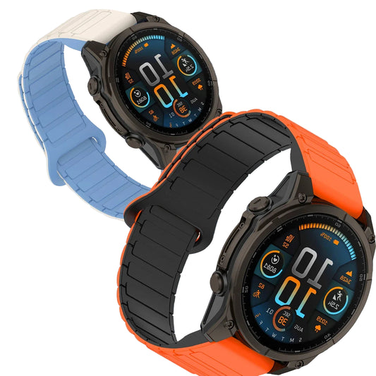 Two smartwatches with different colored bands on a light blue background