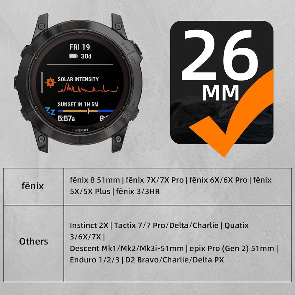 26mm Nylon Band for Garmin Fenix 8/6X/7X/5X Plus – Breathable, Woven Strap for Endurance Athletes